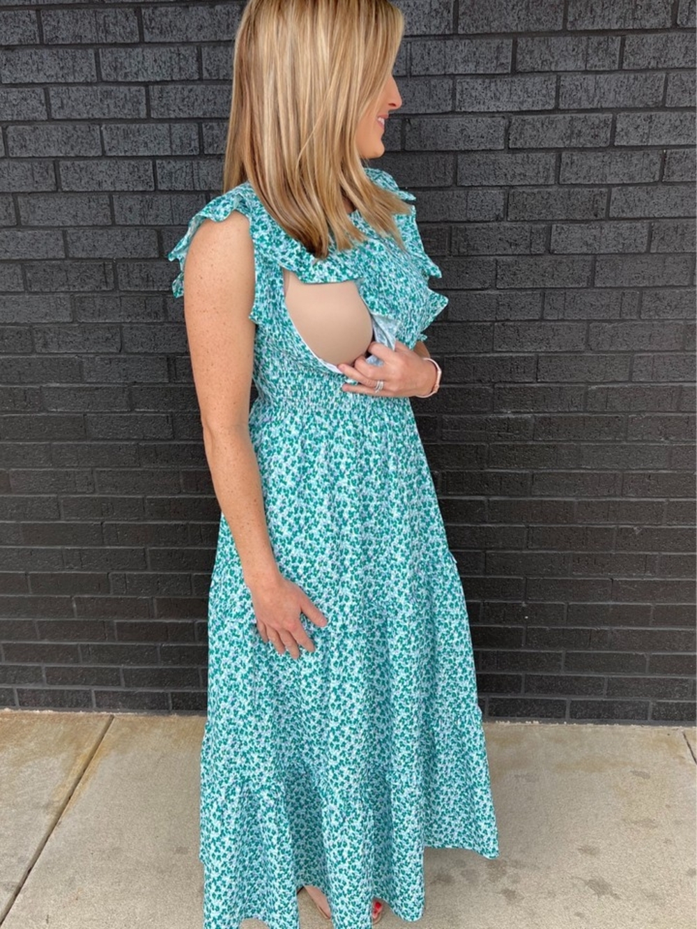 Nursing Queen Teal Floral Zip Nursing Maxi Dress with Ruffle Detail